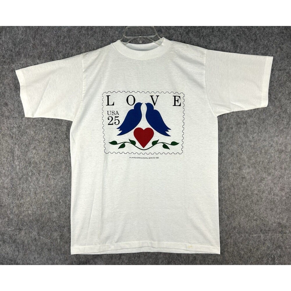Vintage Love Postal Stamp Art T Shirt White Single Stitch Graphic Logo Sz L 1988